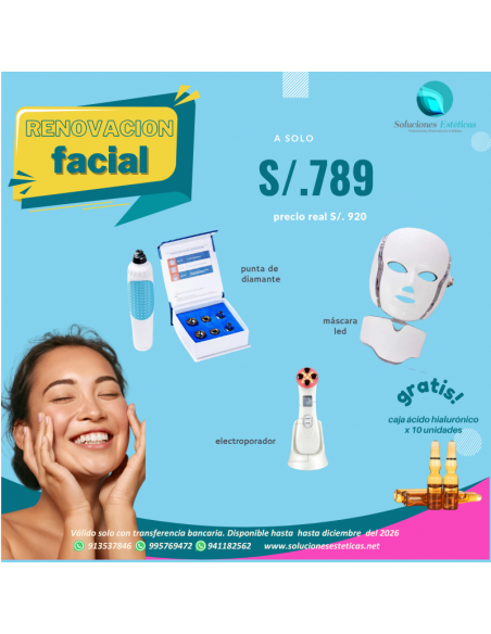 punta de diamante portatil con mascara led, electroporador inalambrico y  acido hialuronico